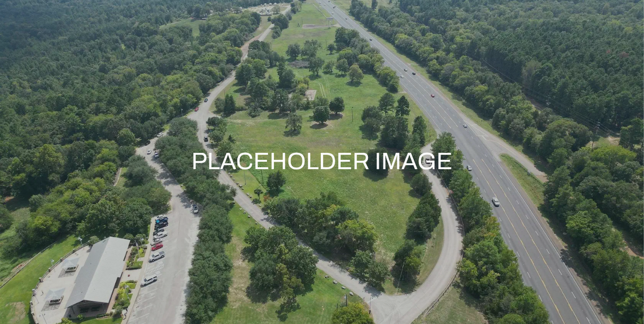 Aerial view of a green park area with trees, a parking lot, and surrounding roads.