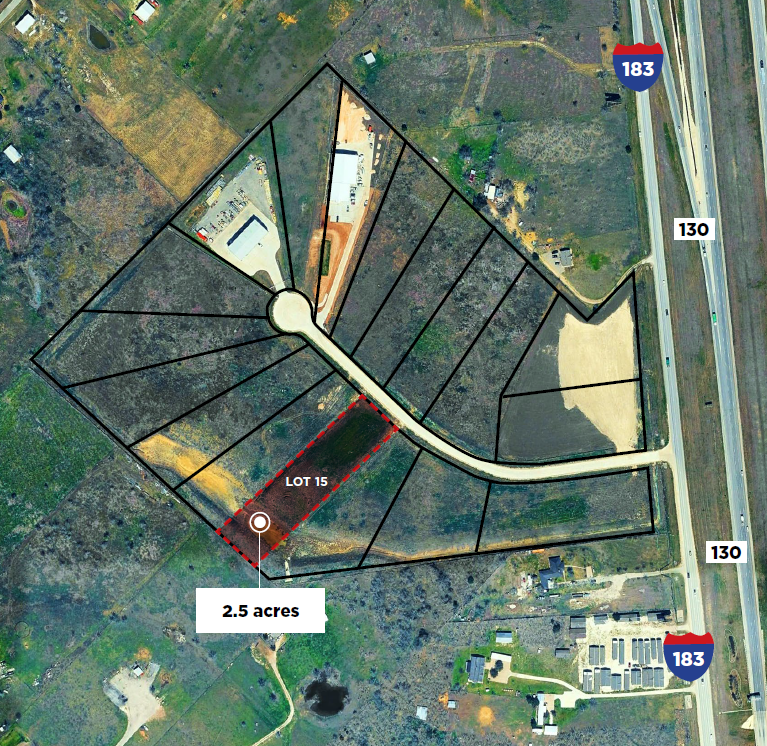 Aerial view of land plot map showing Lot 15, which is 2.5 acres, along with surrounding plots, nearby highway I-183, and other property details.