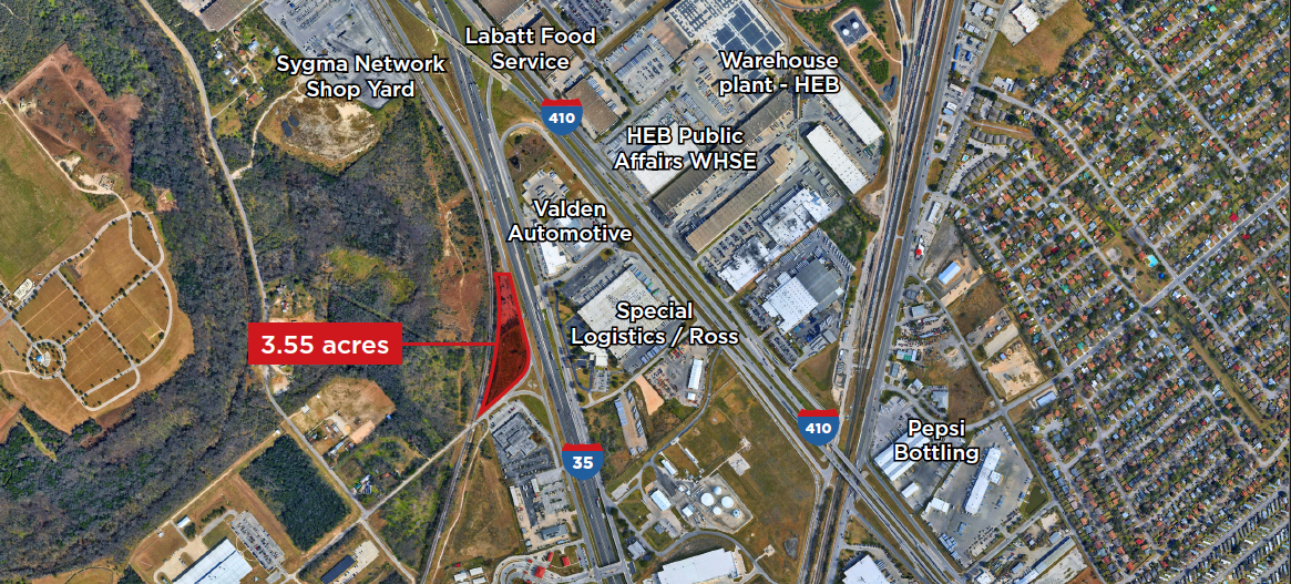 Aerial map highlighting a 3.55-acre plot of land near highways and commercial areas in an urban setting.