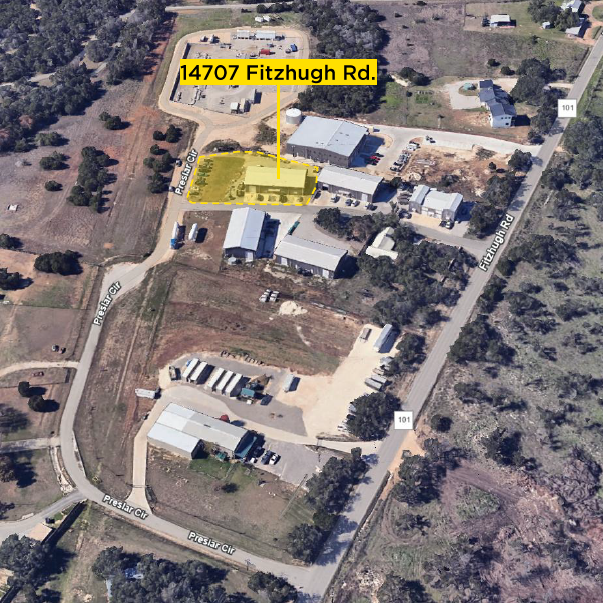 Aerial view of a property at 14707 Fitzhugh Road, marked in yellow, with surrounding roads and buildings, including Preslar Cir and Fitzhugh Road.