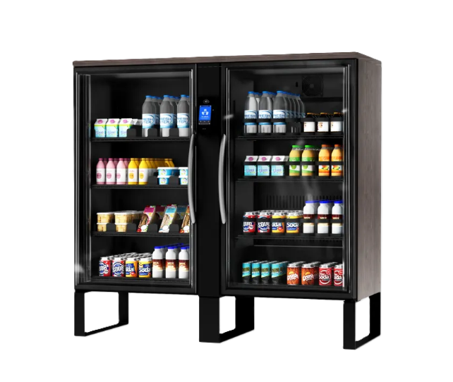 Double door beverage and snack vending machine with various drinks and snacks inside.