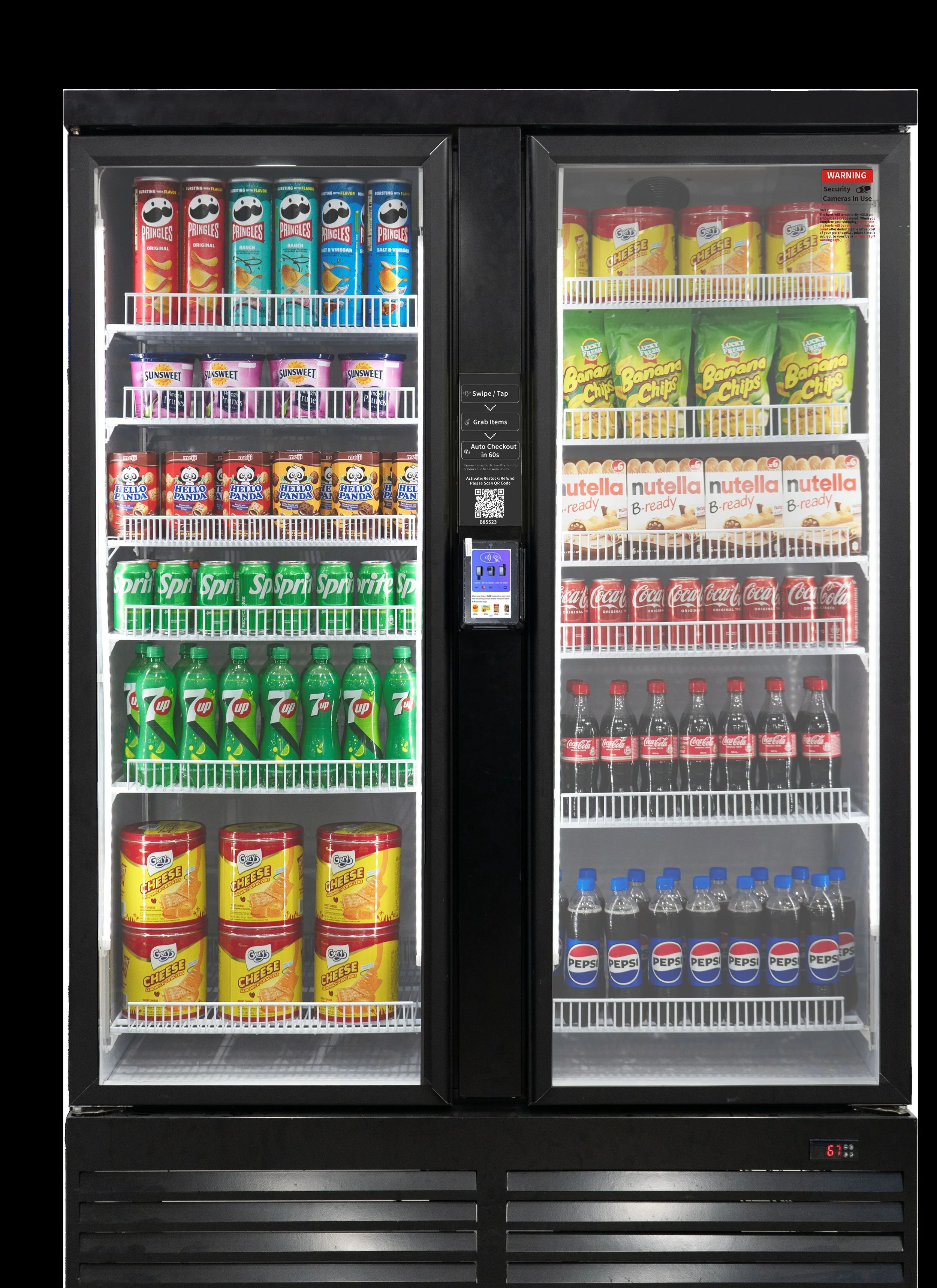 A vending machine stocked with snacks and drinks, including Pringles, Sunsweet, Hello Panda, Sprite, 7UP, Cheddar Cheese Snacks, Nutella, Coca-Cola, Pepsi-Cola, and bottled water.