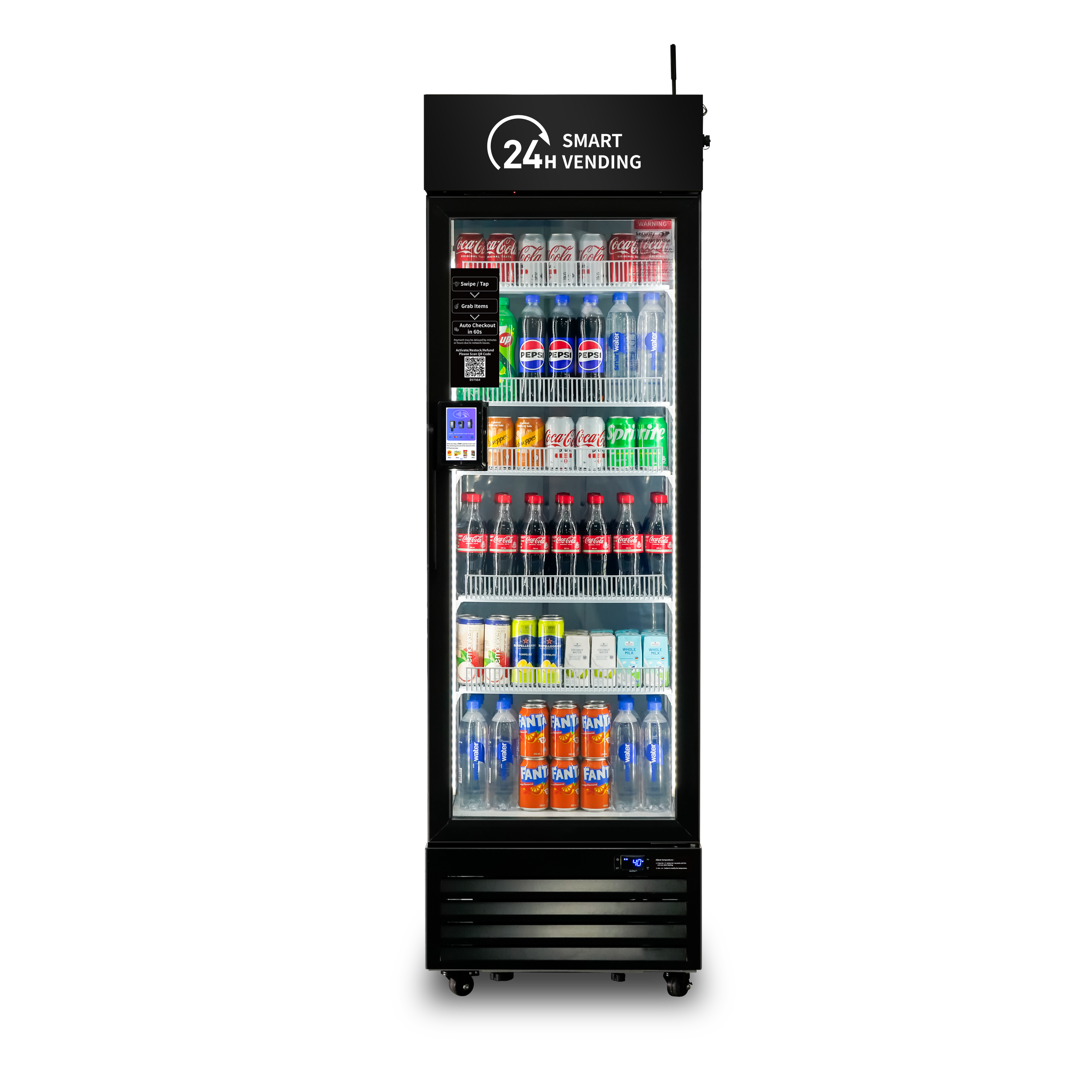A black vending machine with a glass front stocked with sodas, water bottles, and canned drinks, displaying a 24-hour smart vending sign at the top.
