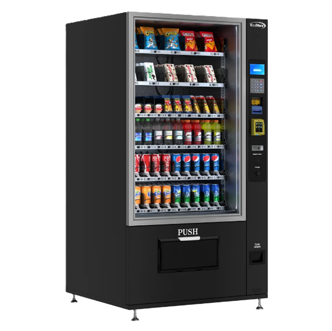 Vending machine stocked with snacks and beverages, including chips, candy, soda, and bottled drinks.