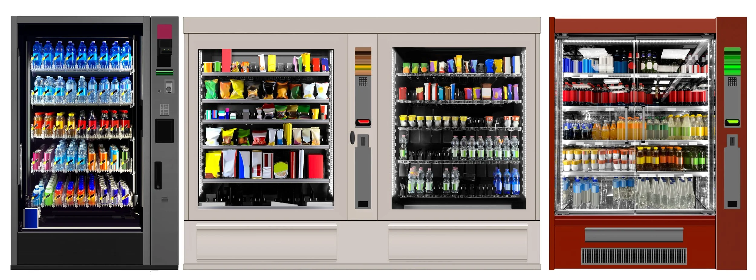Four vending machines filled with various beverages and snacks, arranged side by side.