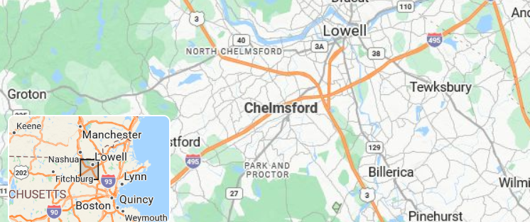 Map of northeastern Massachusetts and southern New Hampshire showing Chelmsford, Lowell, Tewksbury, Billerica, and surrounding towns.