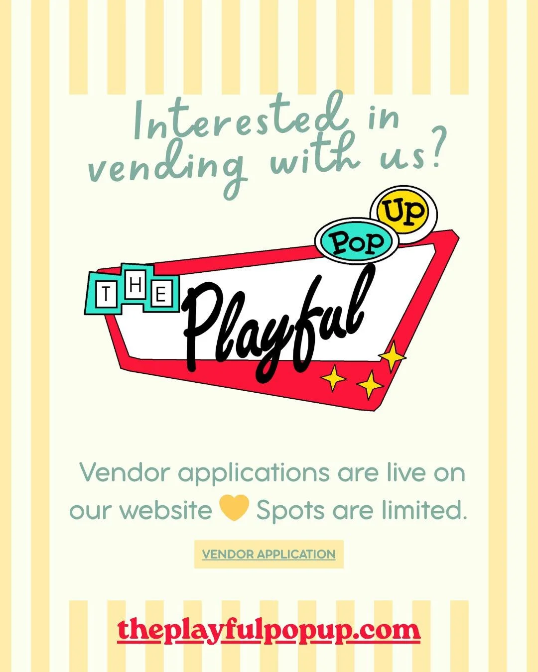 Calling all vendors ✨
Applications are now open for The Playful Pop Up.
Our family‑friendly market is designed to support vendors through intentional layout, engaged shoppers, and a Kids Care program that encourages longer, more relaxed visits.
If yo