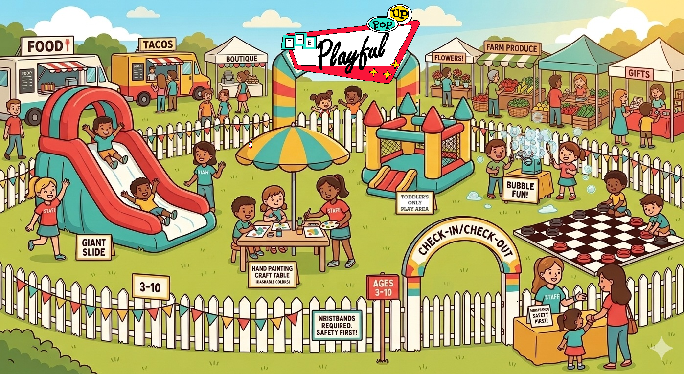 Kids Summer Day Care at The Playful Outdoor Pop Up Market in West Knoxville showing vendor booths, parking, food trucks, ADA parking, and kids play zone