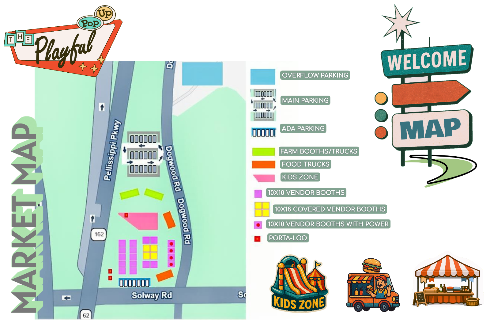Site map of The Playful Pop Up Market in West Knoxville showing vendor booths, parking, food trucks, ADA parking, and kids play zone
