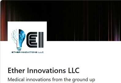 Business card for Ether Innovations LLC featuring a logo with a light bulb and tree design, and the tagline 'Medical innovations from the ground up'.
