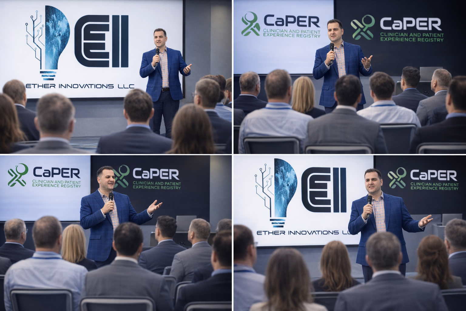 A man in a blue checkered suit speaking at a conference, with a large screen behind him displaying the Ether Innovations LLC logo. The audience is seated facing the speaker, and in other images, the same man is seen gesturing while speaking in front of screens displaying the CaPER logo and the Clinician and Patient Experience Registry.