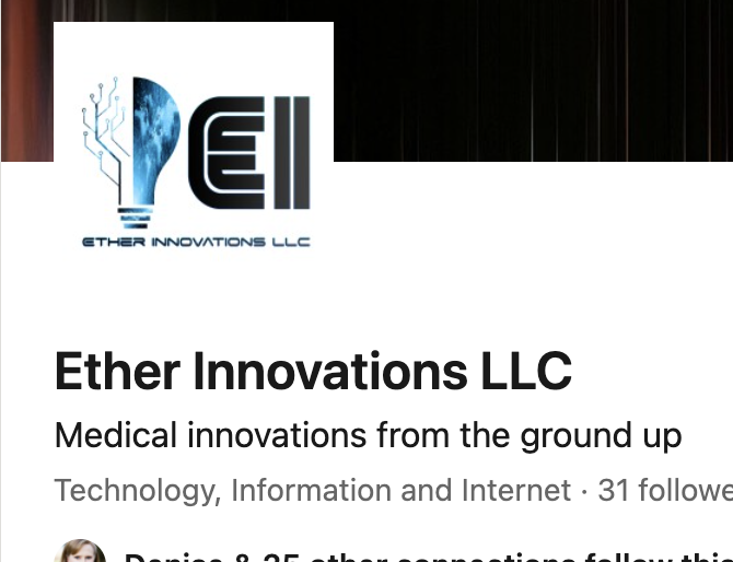 Logo of Ether Innovations LLC with a stylized light bulb and circuitry design, accompanied by company name and tagline, 'Medical innovations from the ground up'.