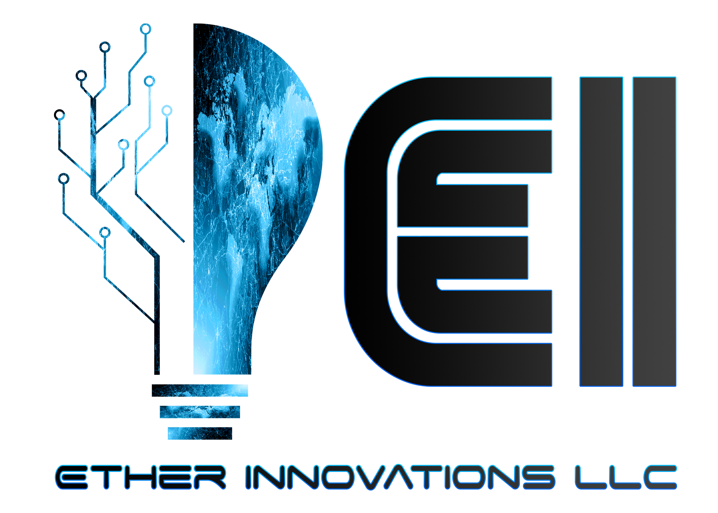 A graphic illustration combining digital circuitry, a world map, and the word 'EAI' in futuristic font with the phrase 'EATHER INNOVATION LLC' underneath.