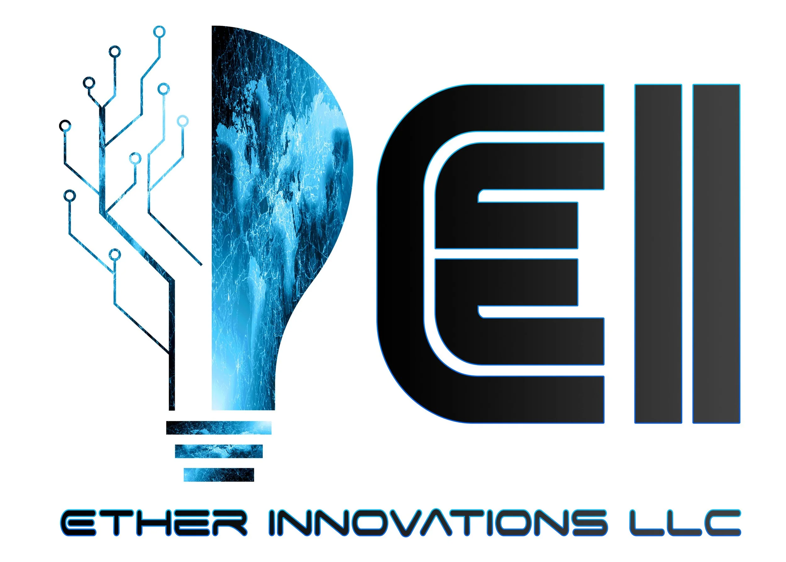 A logo with a stylized light bulb that has a digital circuit pattern on the left side and a world map with a lightning effect inside it. The right side has the bold letters 'EI' in black with a blue outline. Below the logo, the text reads 'ETHER INNOVATIONS LLC' in blue uppercase letters.