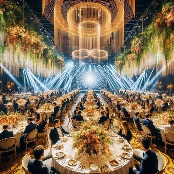 beautiful ballroom with tables and stunning light effects