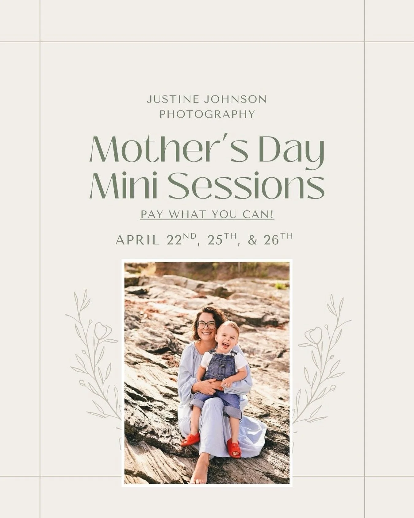 Mother&rsquo;s Day Minis are here 💛

This year I&rsquo;m doing things a little differently to make these sessions more accessible for everyone:

✨ Pay what you can (minimum $50)
✨ 15-minute sessions
✨ Three dates: April 22, 25, &amp; 26
✨ Three beau