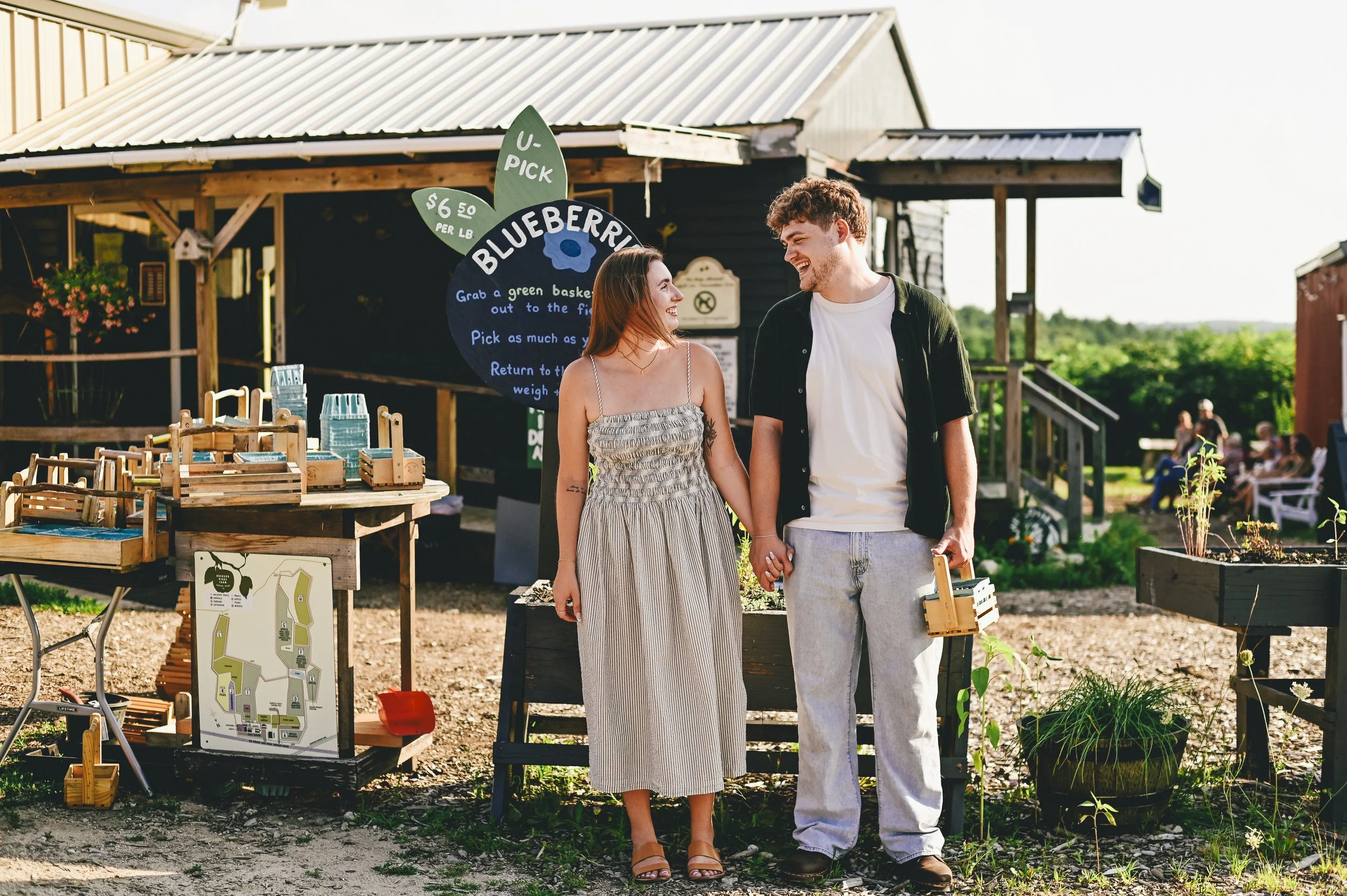 a couple who just got engaged at a blueberry farm in southern Maine