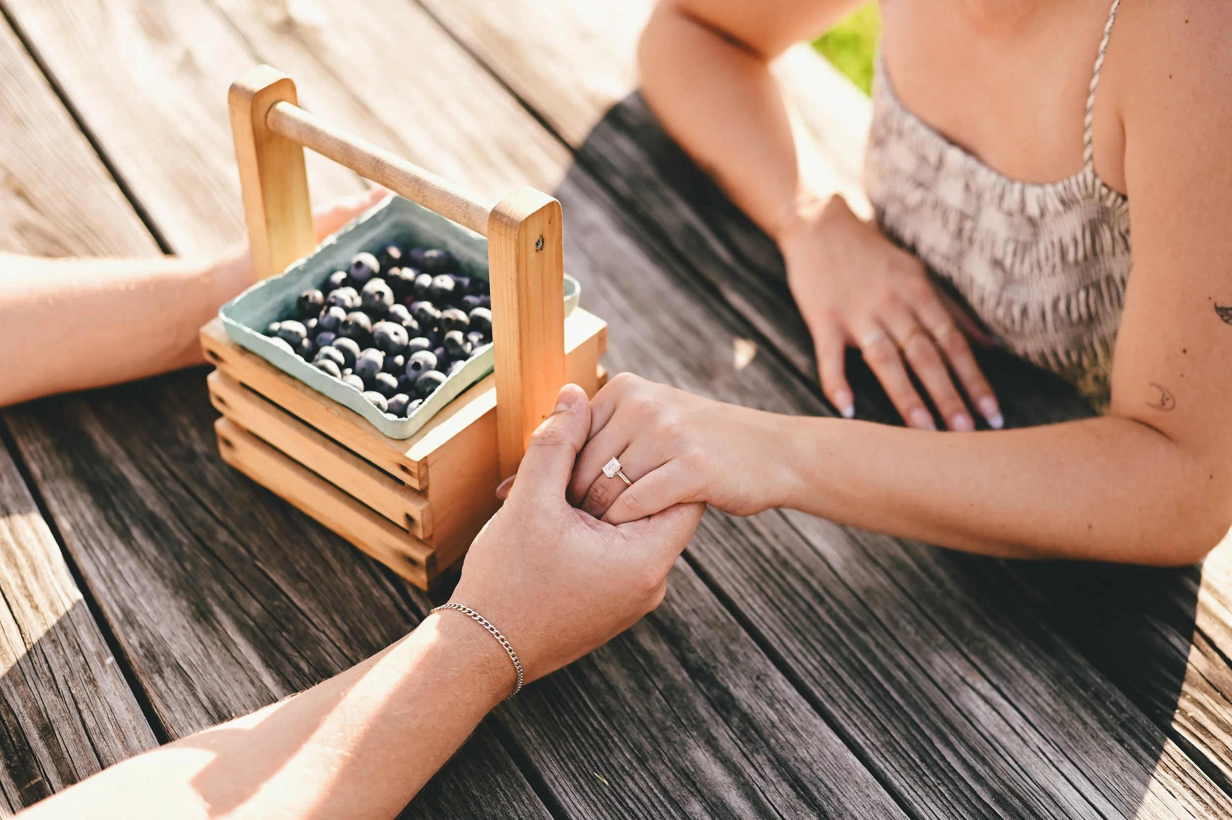 a couple holding hands next to the blueberries they picked on a farm in Maine