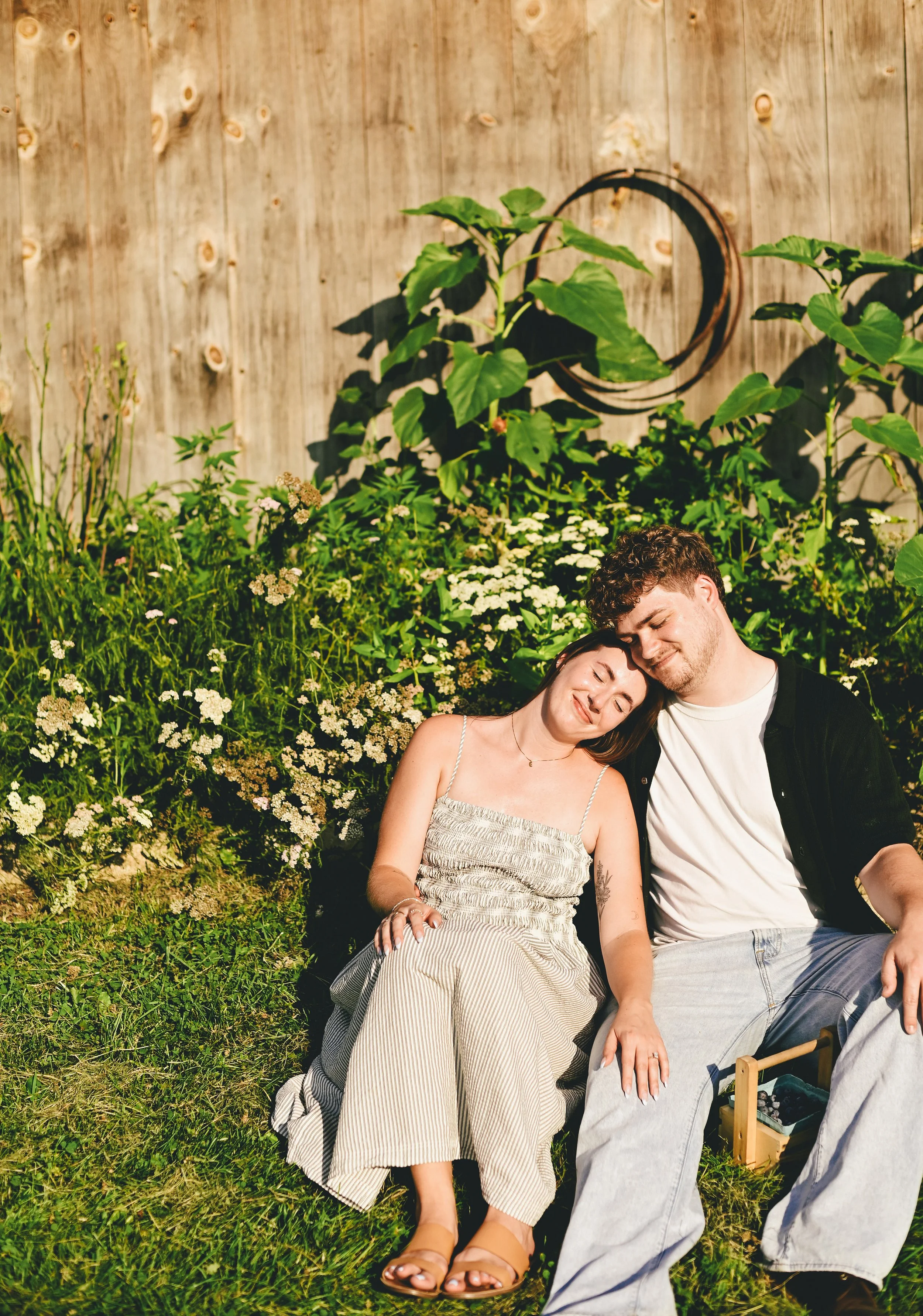 a cute couple snuggling in the sun at a Maine farm