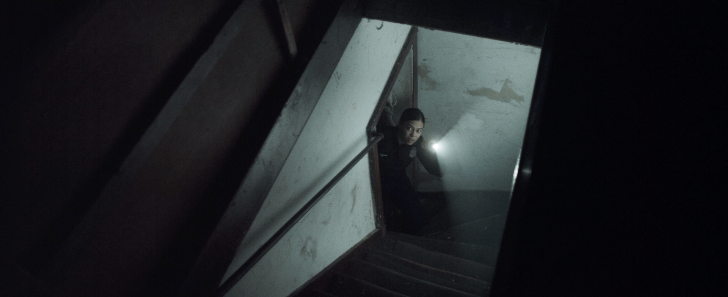 A person climbing a dark staircase in an abandoned or dilapidated building, holding a flashlight and looking upward.