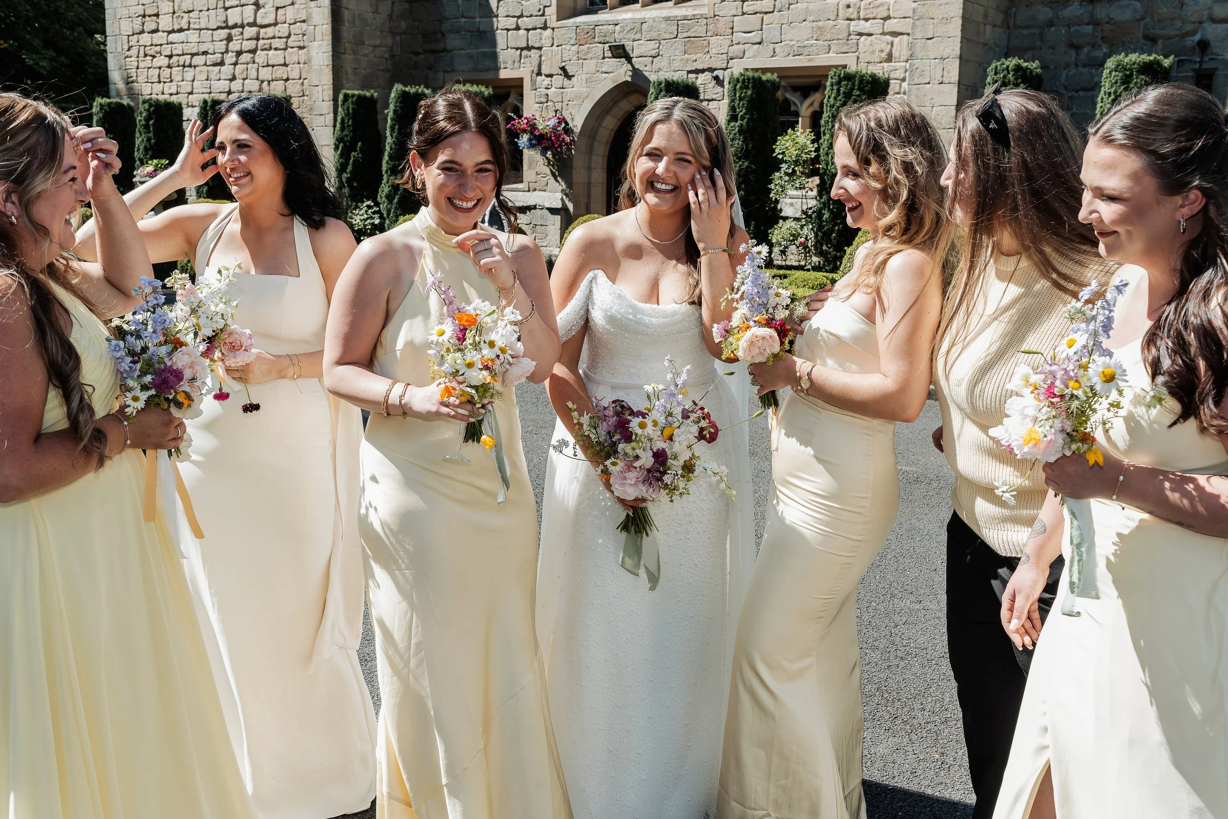 Bridesmaids' bouquets. Langley Castle, Northumberland. 