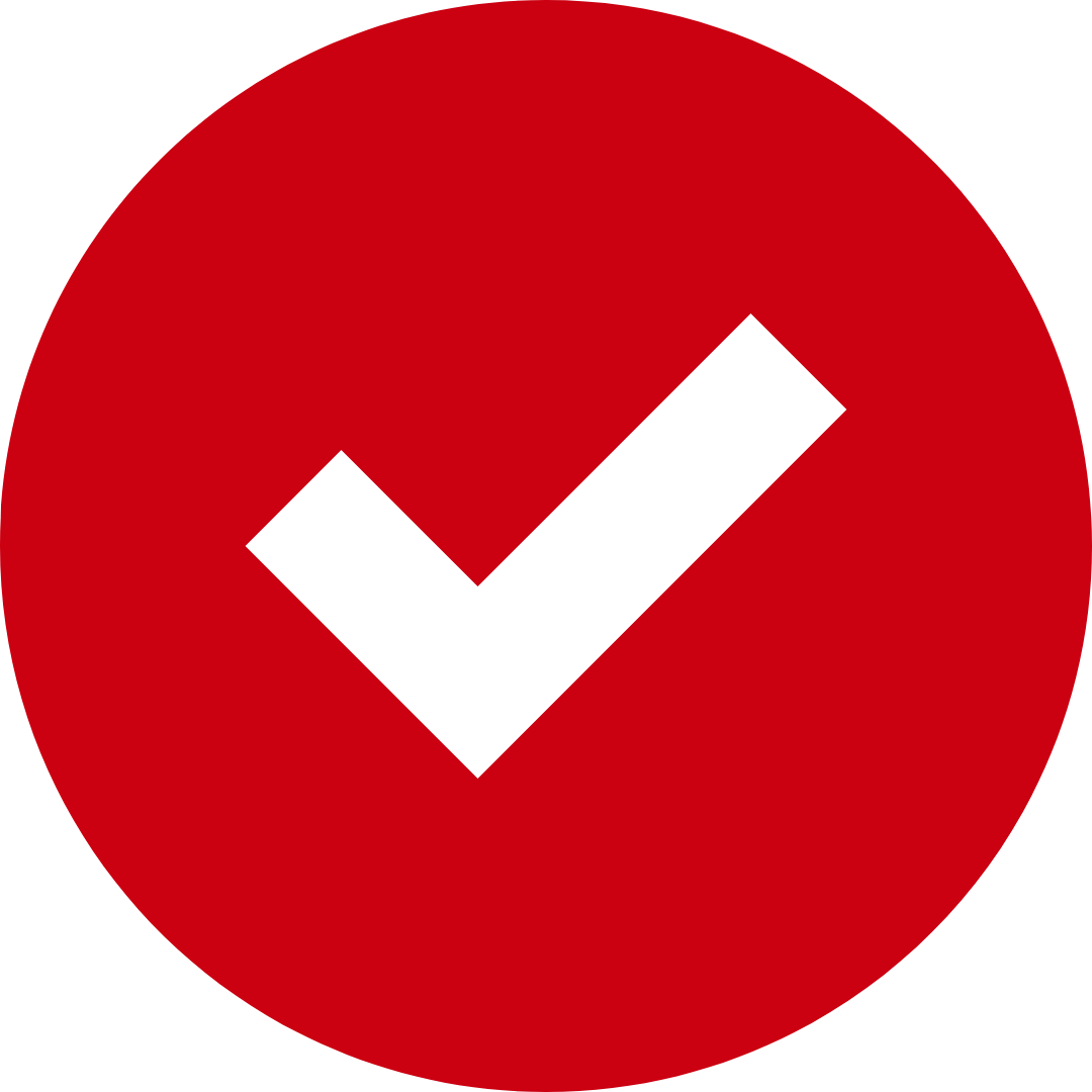 Red circle with a black check mark inside.