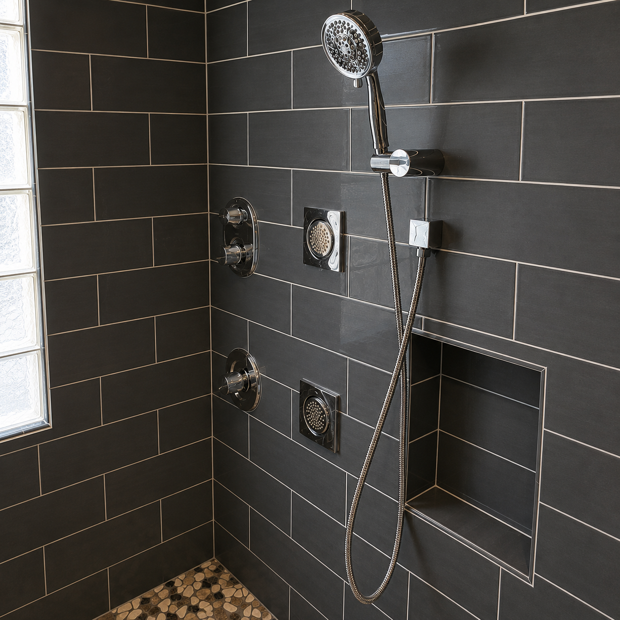 custom fixture installation with dual controls, body sprays , rainhead, and handheld shower
