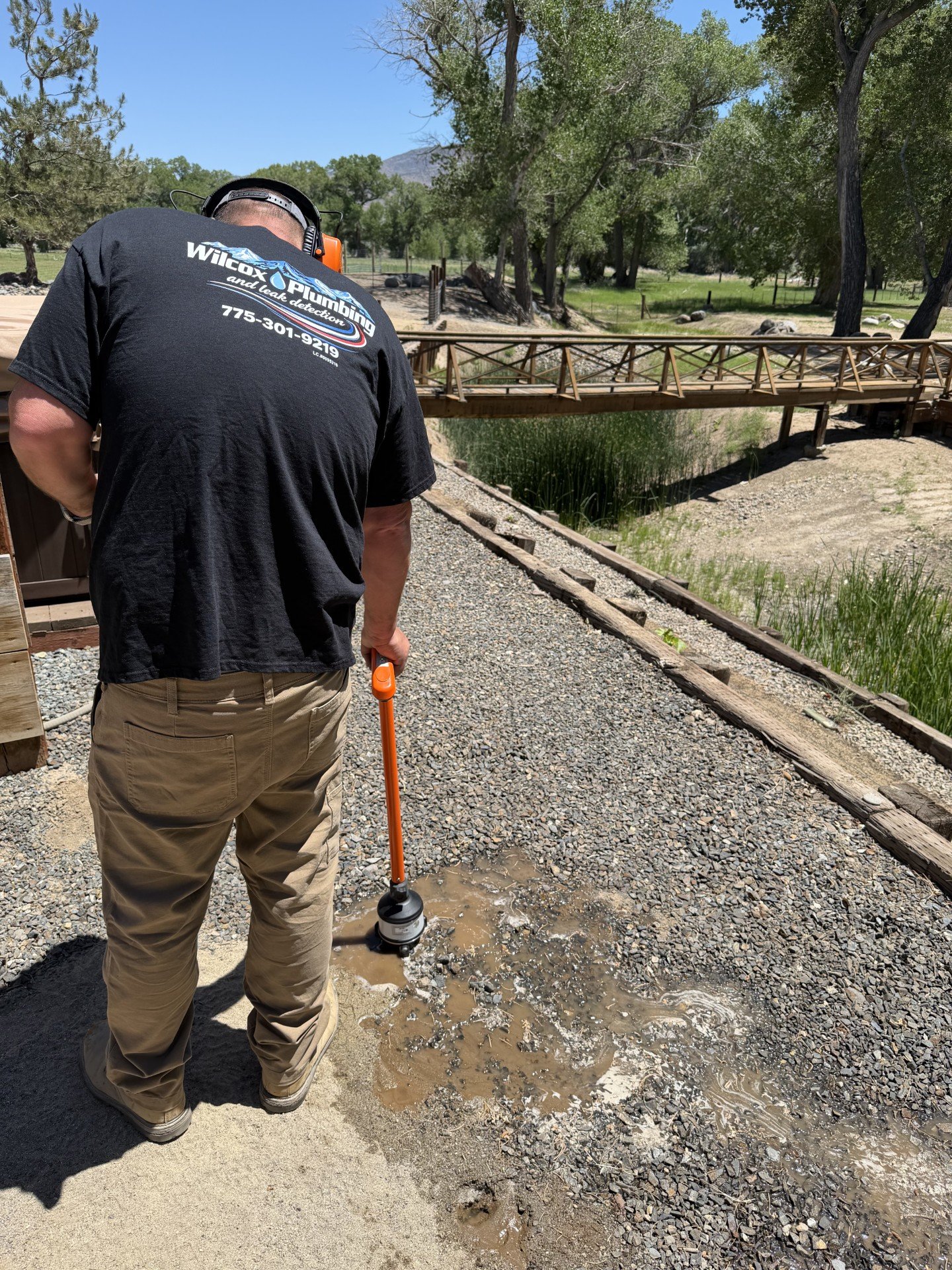 Wilcox Plumbing and Leak Detection performing electronic leak detection to locate an underground water leak in Northern Nevada.