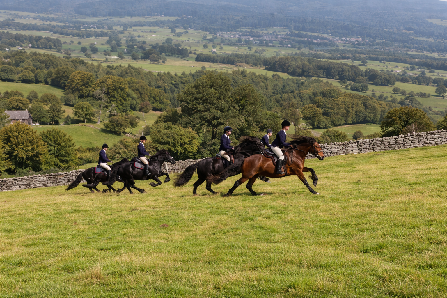 Four horseback riders in formal riding attire riding across a green grassy field with rolling hills, trees, and stone walls in the background.