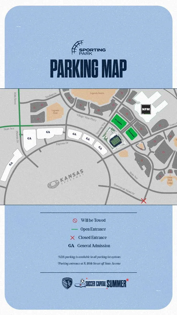 Map of parking areas at Sporting Park, showing open, closed, and tow zones, with general admission and parking entrances marked.