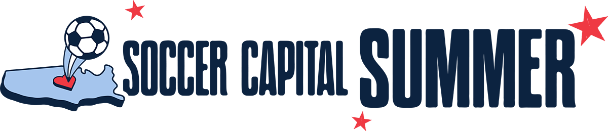 Logo for Soccer Capital Summer featuring a soccer ball on a blue map of California with red stars and dark blue text.