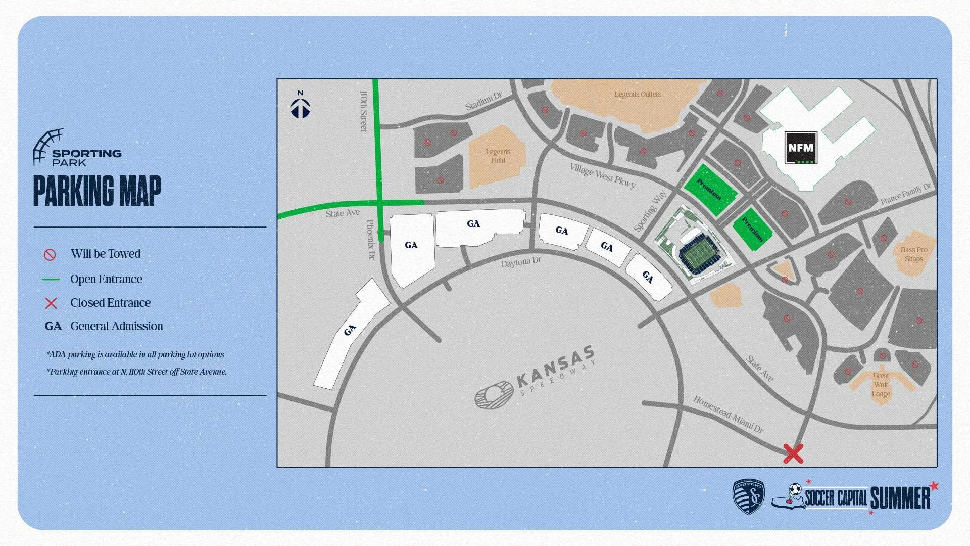 Map of Sporting Park, showing parking options, entrances, and the stadium layout with labeled streets and features.