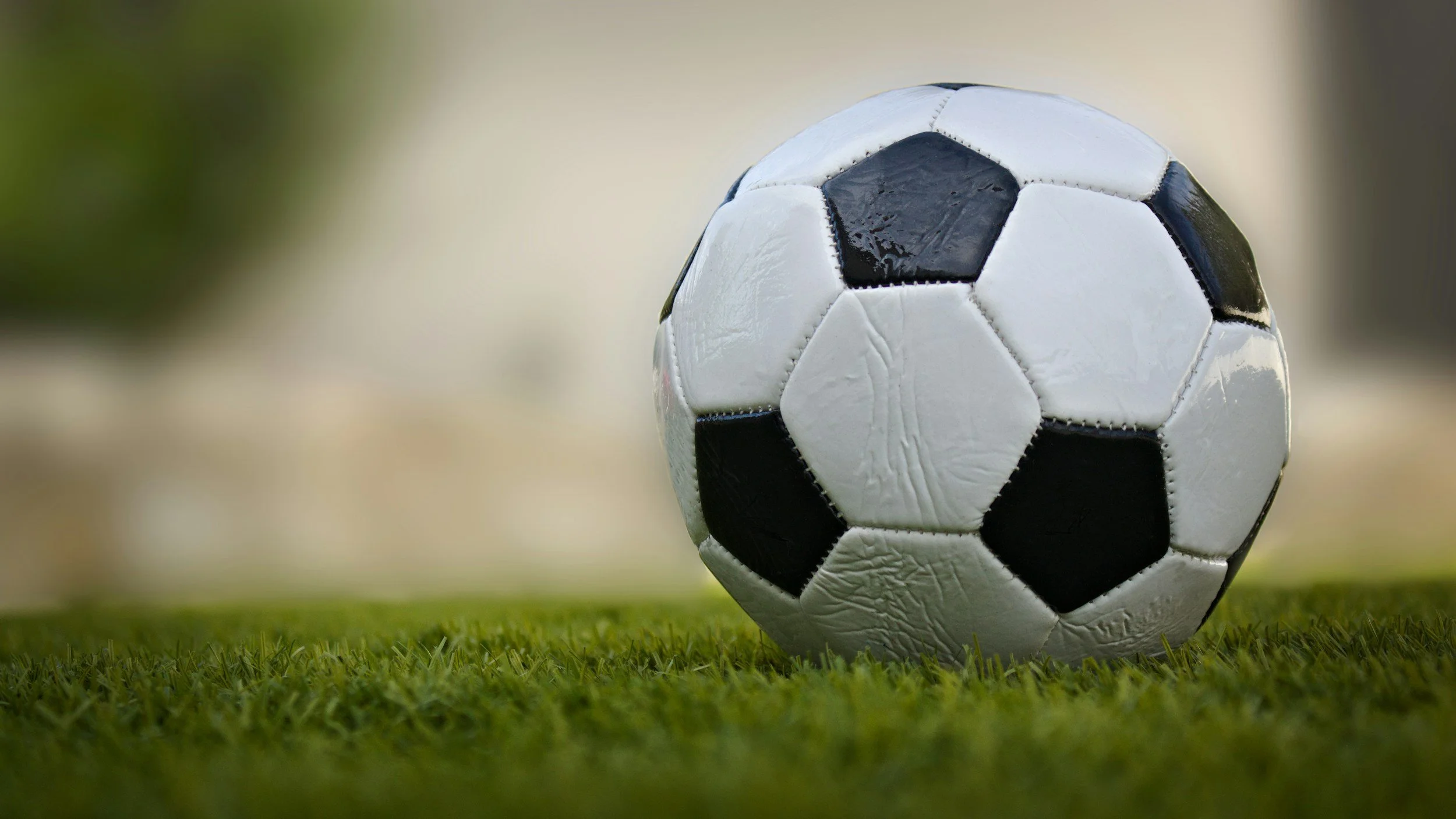 A close-up of a traditional black-and-white soccer ball resting on grass