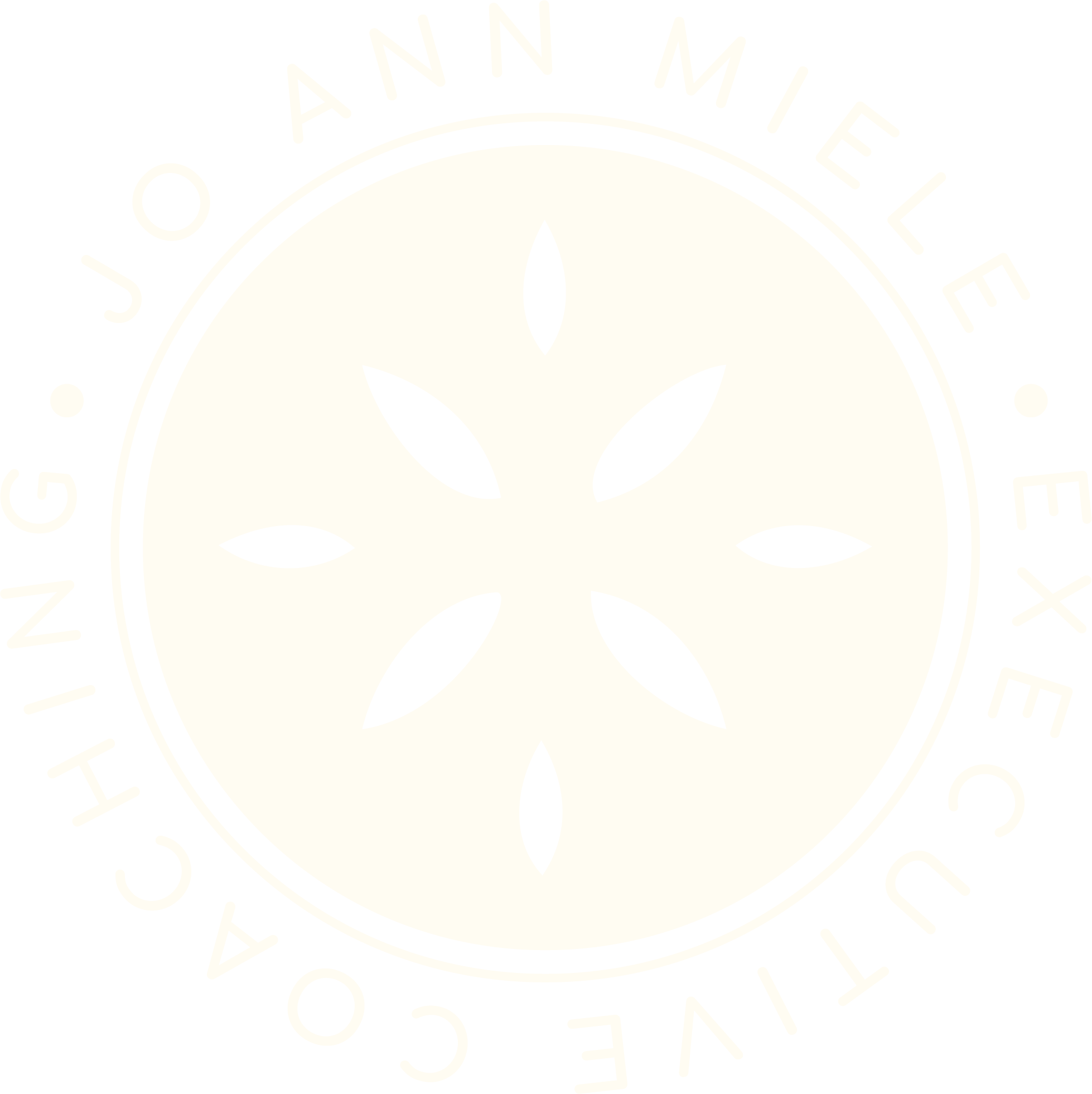 Close-up of a circular logo with the words 'OJA ANIMAL' and other text around a central design of a leaf pattern.
