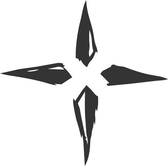 A black and gray abstract star-shaped design with symmetrical elongated points.