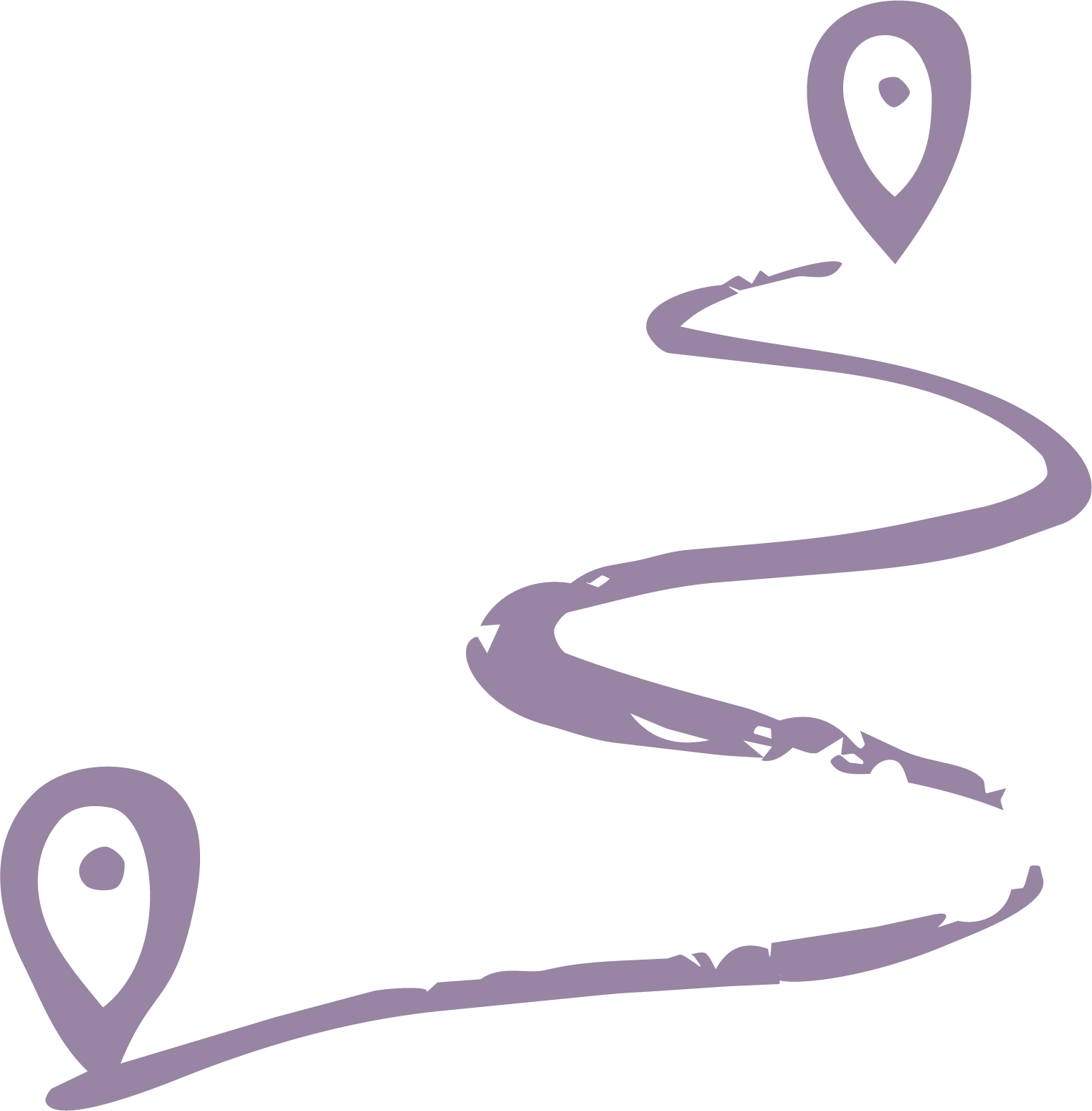 A stylized hand-drawn map with a winding purple road connecting two purple location markers.