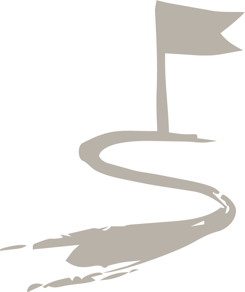 Stylized silhouette of a winding path leading to a house with a flag on a hill.