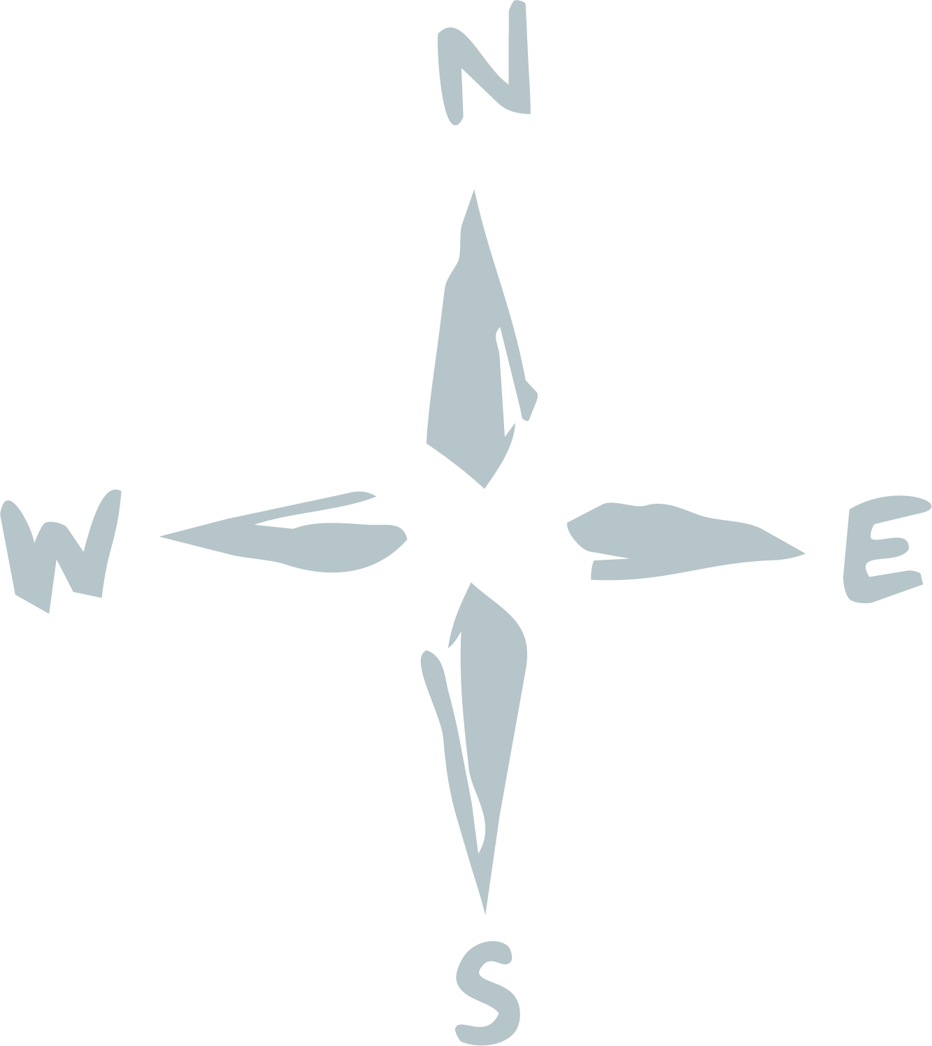 A compass rose with North at the top, South at the bottom, East on the right, and West on the left, positioned against a black background.