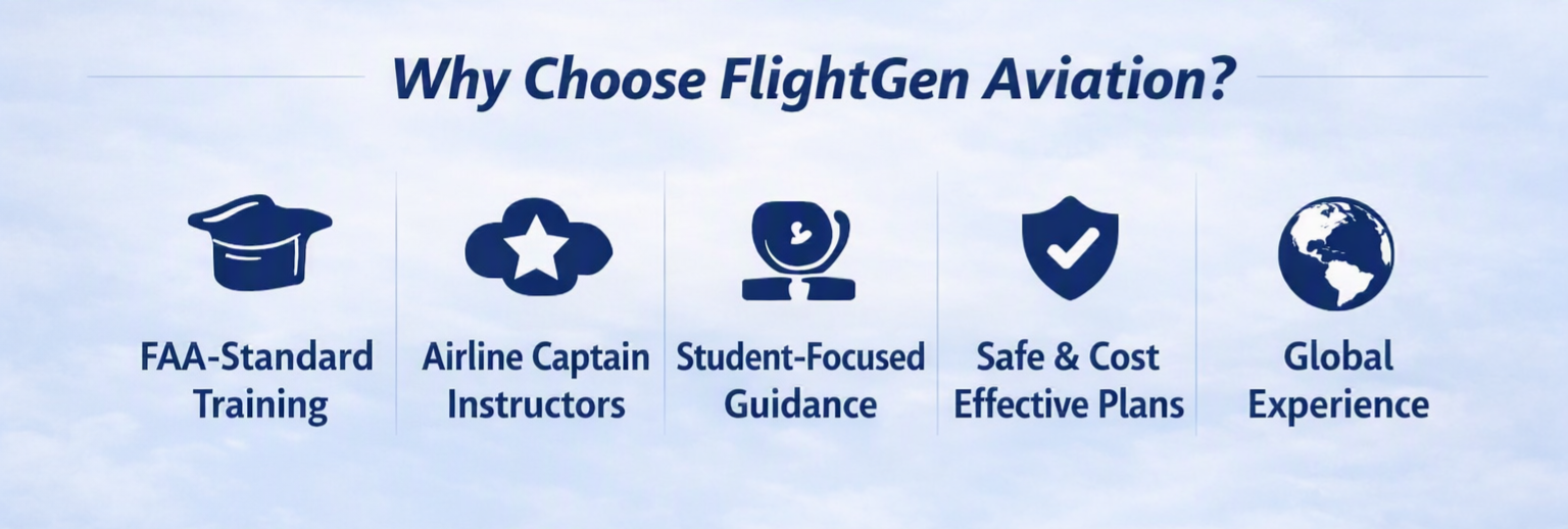A promotional graphic titled 'Why Choose FlightGen Aviation?' listing five reasons with icons: FAA-Standard Training, Airline Captain Instructors, Student-Focused Guidance, Safe & Cost Effective Plans, and Global Experience.