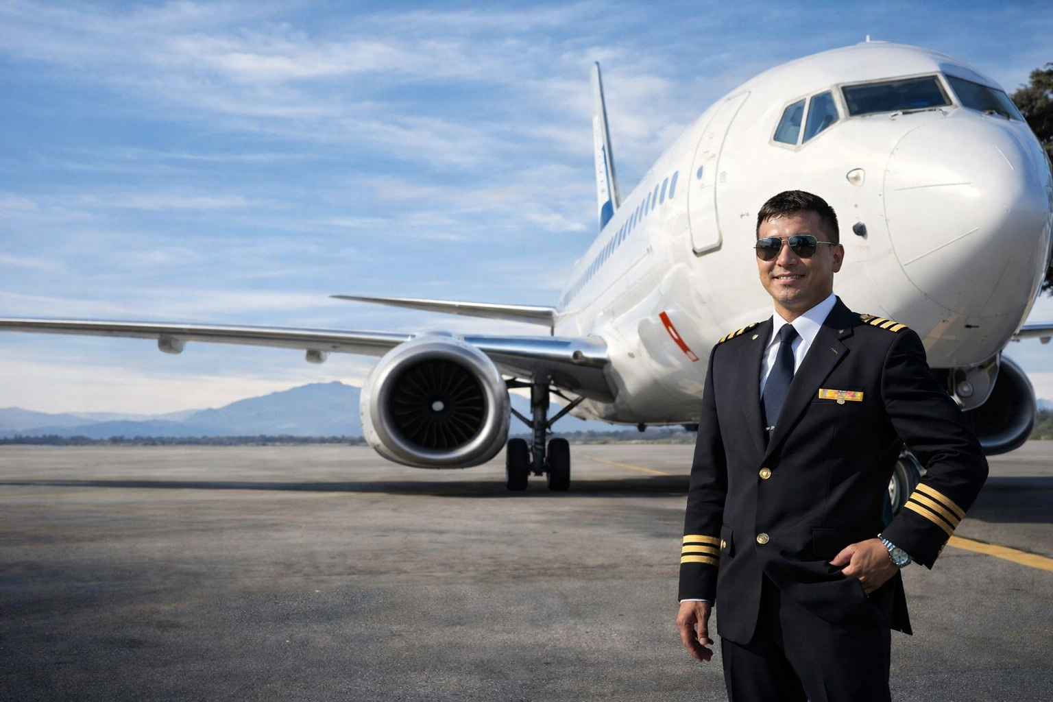 A smiling male airline pilot wearing sunglasses and a black uniform standing on an airport tarmac with a large commercial airplane in the background, mountains in the distance, under a partly cloudy sky.