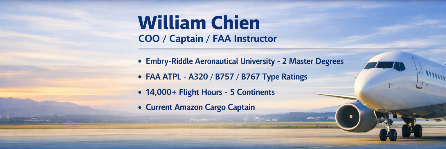 A presentation slide with the name William Chien, who is a COO, captain, and FAA instructor. The slide lists his educational background at Embry-Riddle Aeronautical University, FAA ratings, flight hours, and current position as an Amazon cargo captain. The background features a white airplane on the runway at sunset with mountains and a city skyline in the distance.