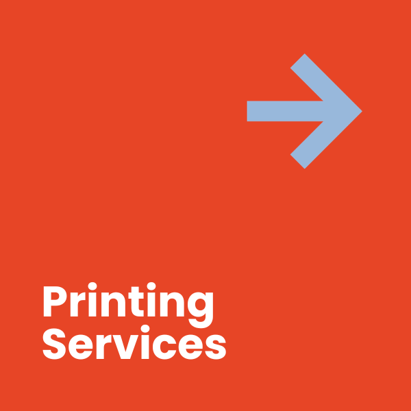 Morse & Associates  Orange Square with Blue Arrow in top right corner with text that reads "Printing Services"