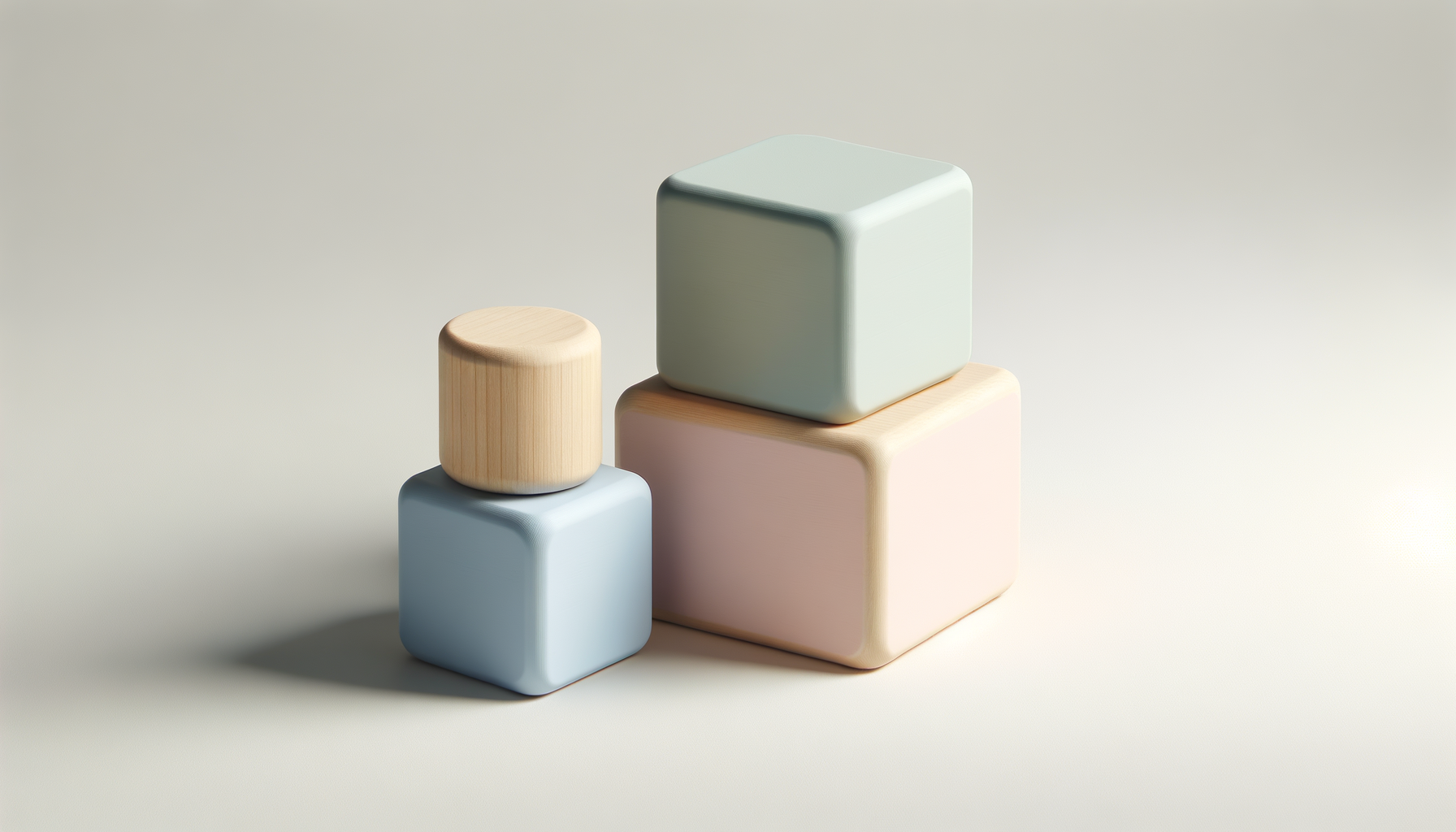 Stacked pastel-colored blocks and wooden cylinder on a plain background.