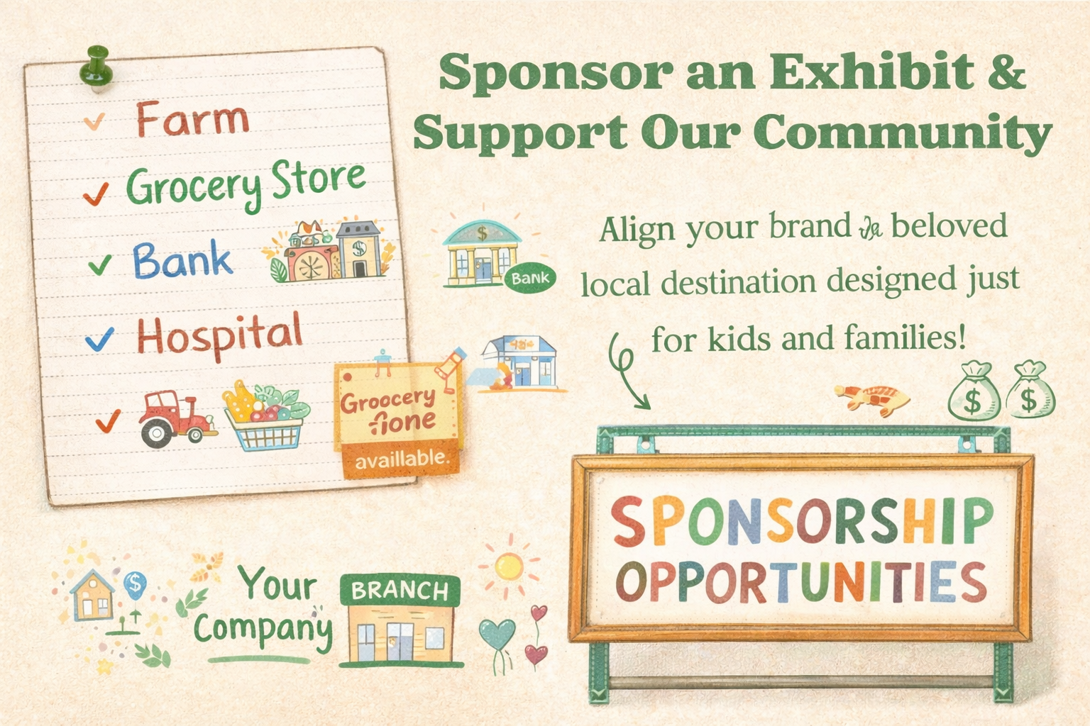 A colorful infographic encouraging sponsorship of community exhibits and supporting local businesses, featuring a list of places to sponsor including a farm, grocery store, bank, and hospital, with illustrations of each and a sign for Grocery store available. It also promotes aligning a brand with the community and highlights sponsorship opportunities.