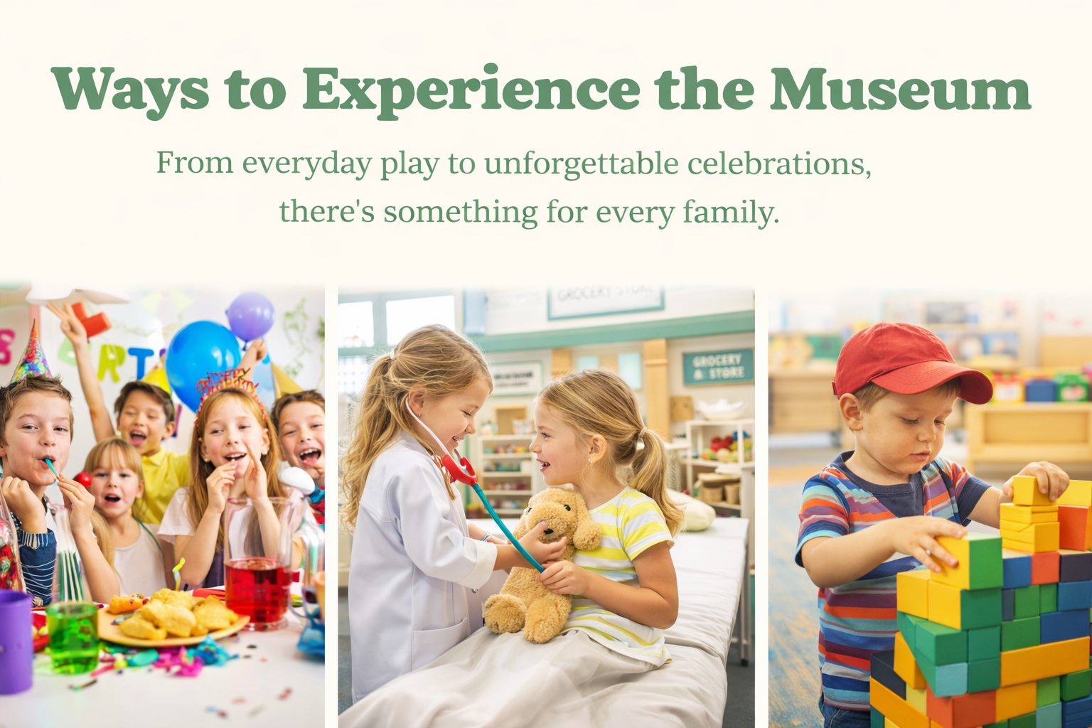 Three photos of children engaged in various activities at a museum with a header that reads 'Ways to Experience the Museum' and a subtitle about family-friendly experiences.