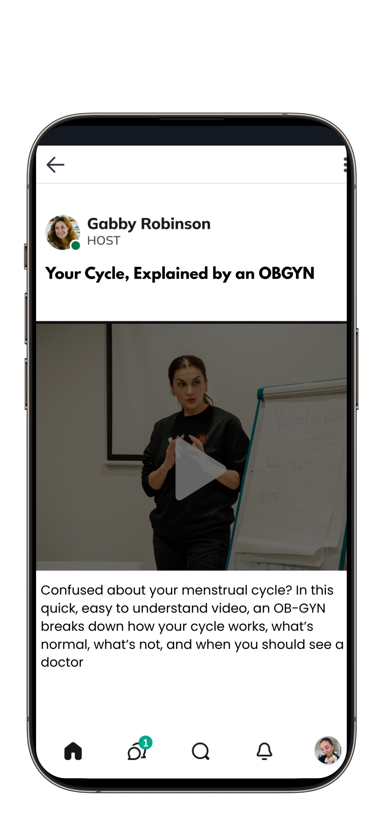 Screenshot of a mobile app displaying a video titled "Your Cycle, Explained by an OBGYN" by OBGYN, with a thumbnail of a female doctor in a black sweatshirt standing in front of a whiteboard.