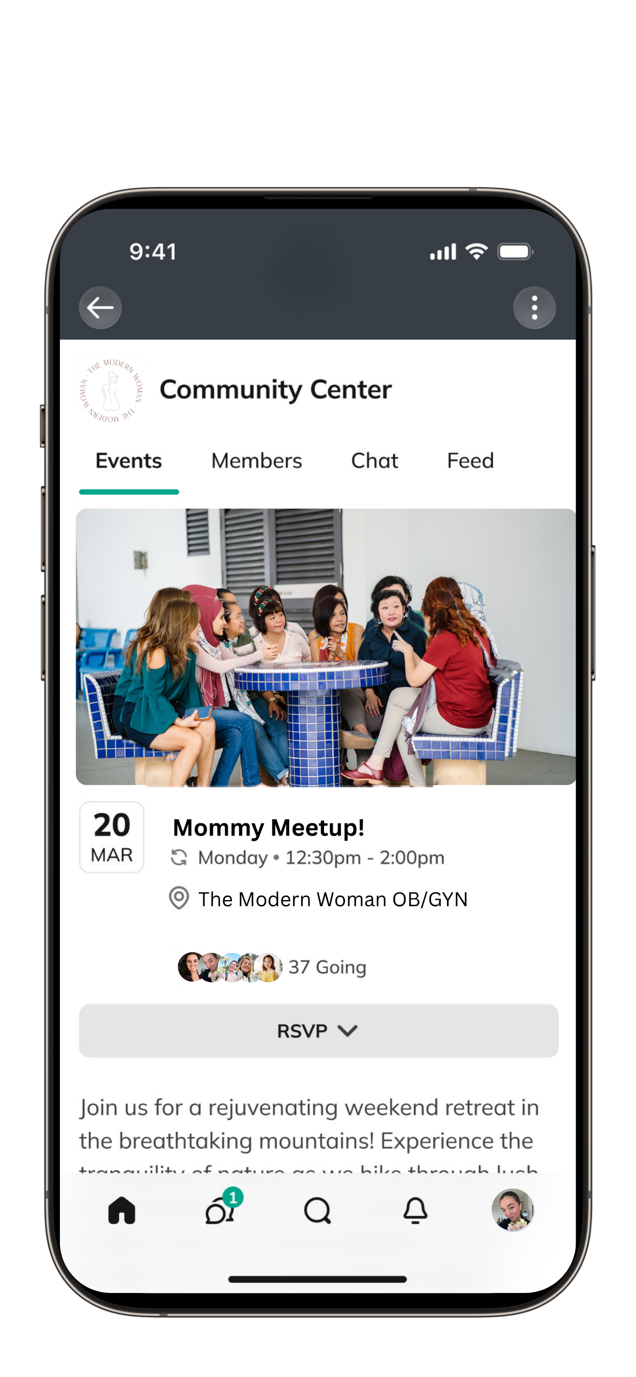 A smartphone screen displaying a community center event page for a Mommy Meetup scheduled on March 20th from 12:30 pm to 2:00 pm at The Modern Woman OB/GYN. The page shows a photo of women sitting around a table, engaging in conversation.