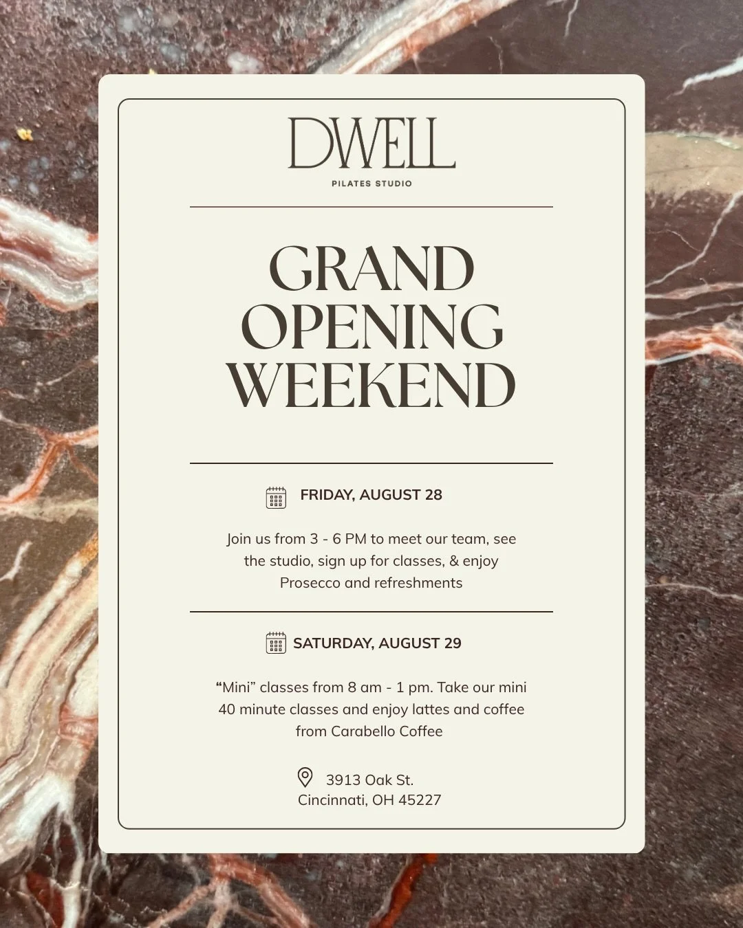 ✨ It&rsquo;s official! Dwell Pilates is opening its doors the last weekend of August, and we can&rsquo;t wait to welcome you.

Join us Friday, August 28th, from 3 - 6 pm.
&nbsp;
Come tour the studio, meet our team, sign up for classes, and&nbsp; sip 