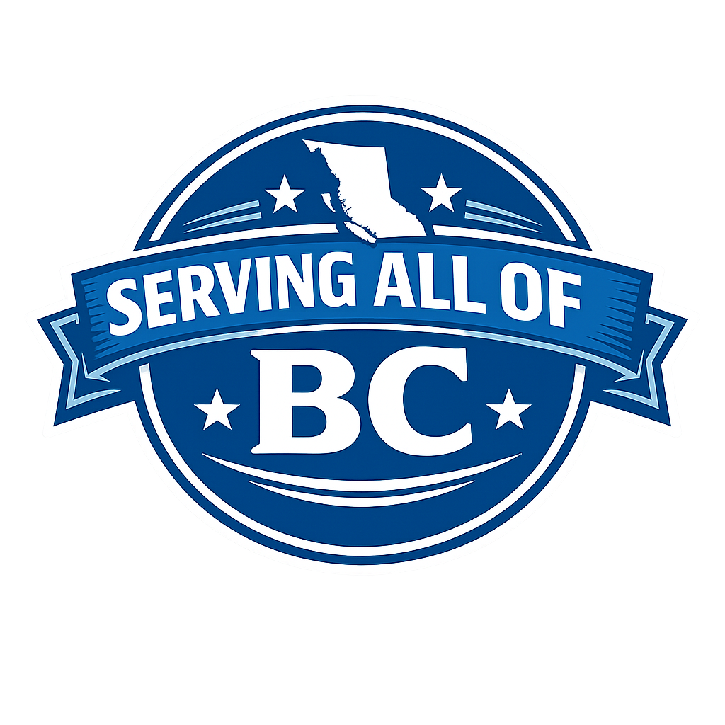 Blue circular badge with the outline of the state of California and stars, containing the text 'Serving All of BC'.
