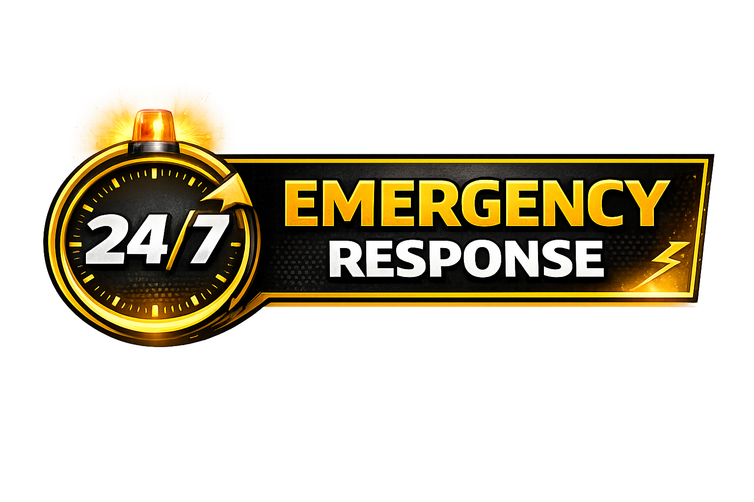 Emergency response sign with a clock showing 24/7 service, yellow and black color scheme, lightning bolt icon.